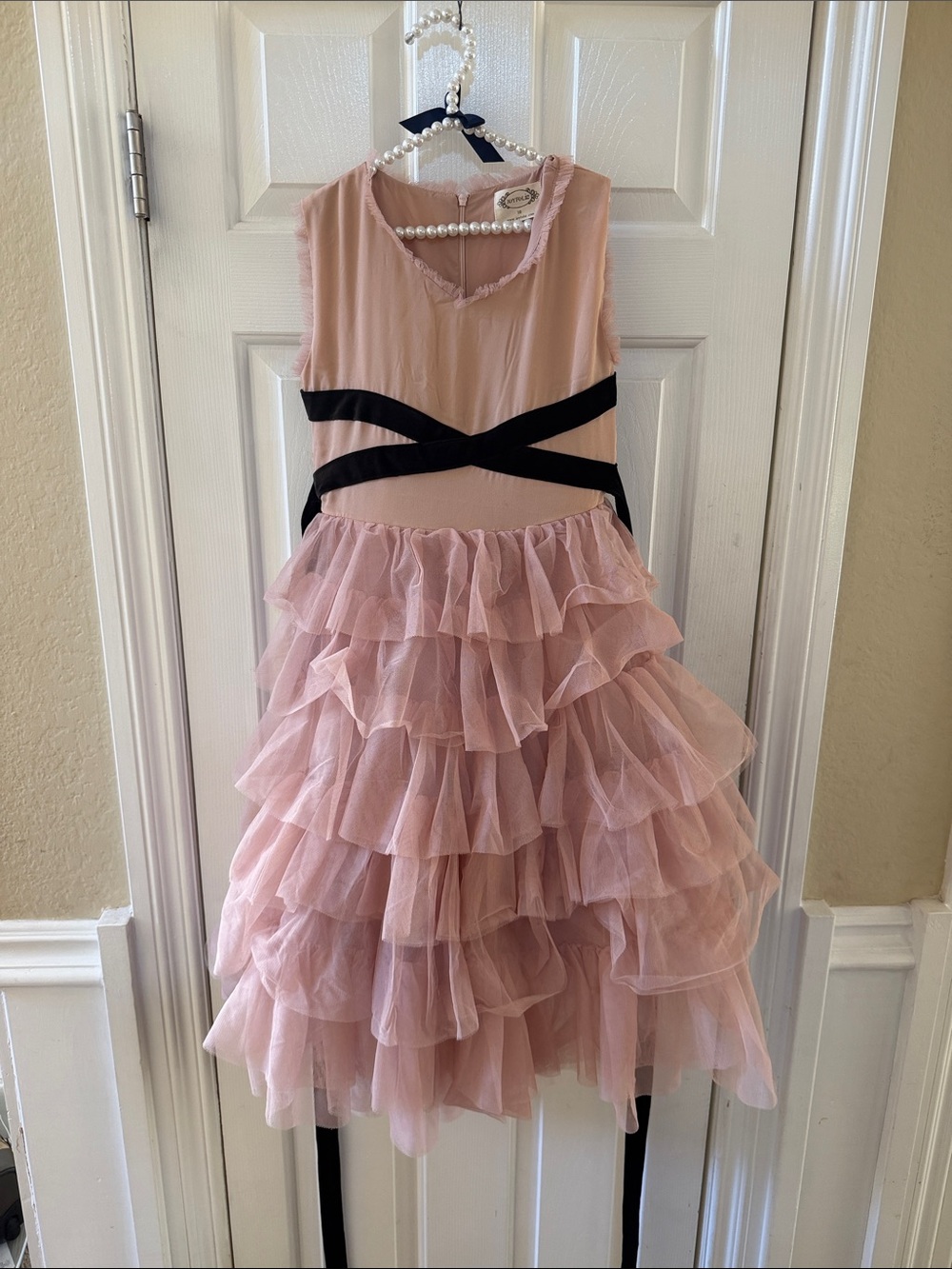 Joyfolie Girls Pink Ruffle Tulle Dress with Black Waist Accents Size 10